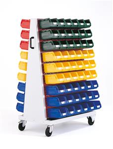 14026017.** Bott workshop tool board trolley with 6 Louvre Panels and a 108 open fronted plastic containers. 1600mm high x 1000mm wide x 650mm deep. Panels fit vertically or at an incline....